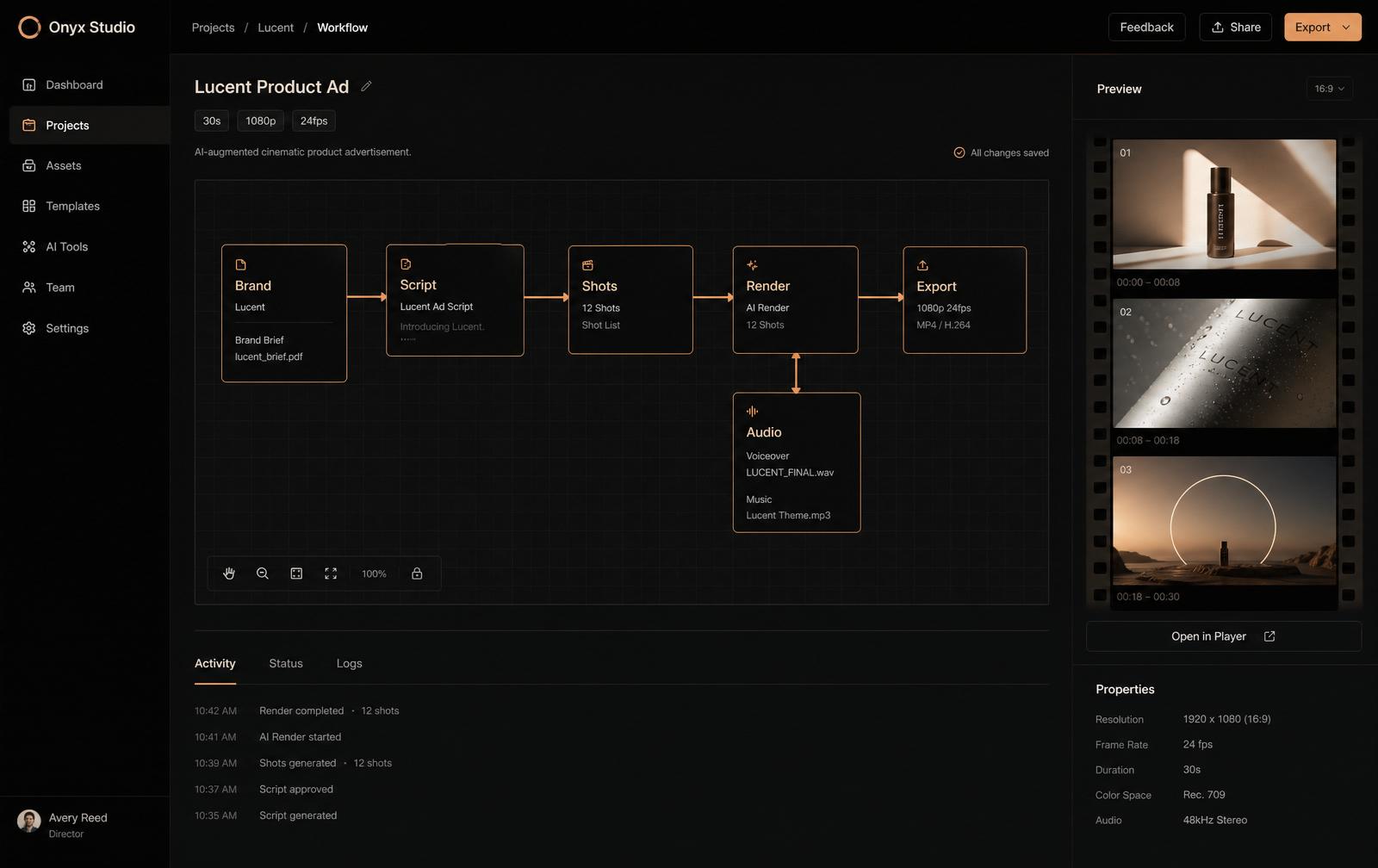 PierrotAI Forge — a node-based workflow editor turning a brief into a finished ad