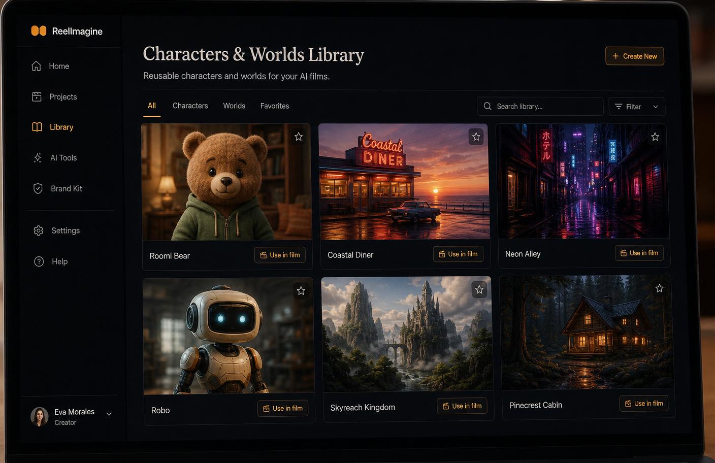 Characters and Worlds Library showing reusable character and environment cards