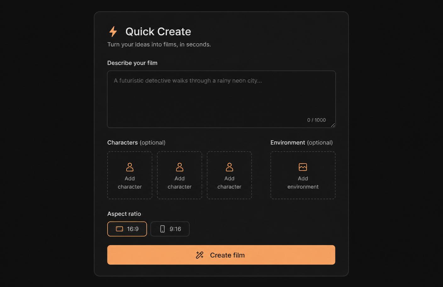 Quick Create card with a describe-your-film textarea, reference slots, aspect toggle, and Create button
